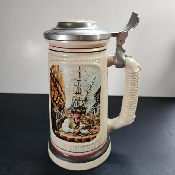 The Shipbuilder Beer Stein Vintage Stoneware Stein by Avon Canada 1 Liter - Picture 1 of 11